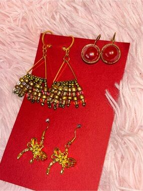 Gold-Tone Beaded Fringe Earrings with Red Cabochon Drops